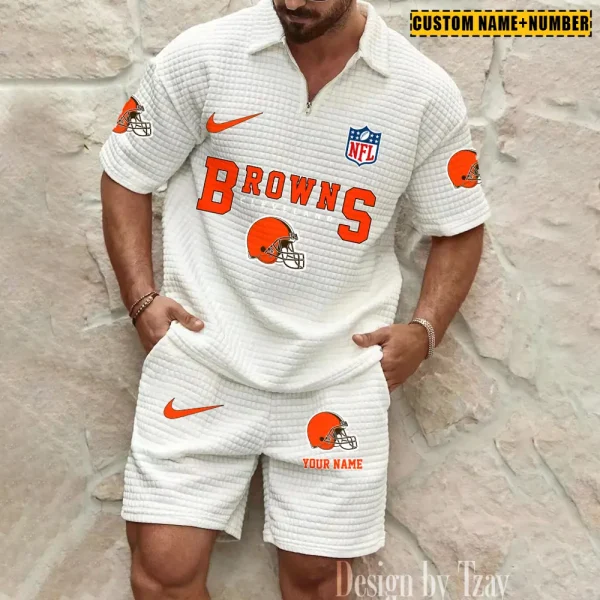 Cleveland Browns New Spring And Summer Leisure Sports Fitness Tide Male Short Sleeve Shorts Two-Piece Set BSPTWHZSS416 - Image 2