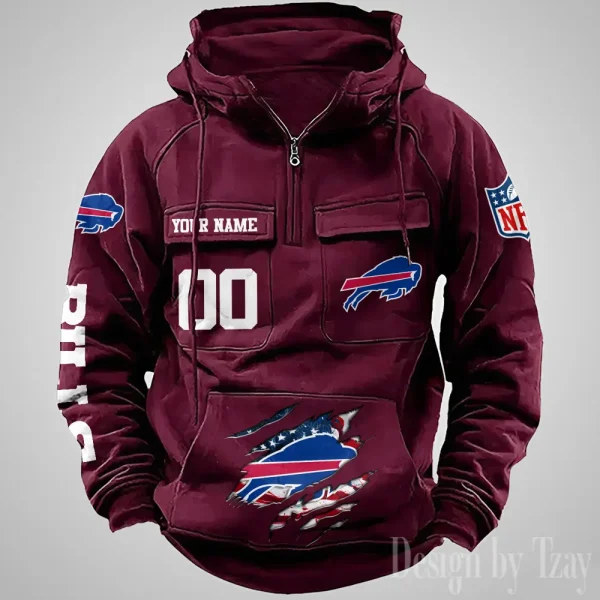 Buffalo Bills Designer Hoodies For Men Casual Fashion Solid Multi-Pocket Zipper Long Slevee AZVMHD897 - Image 2