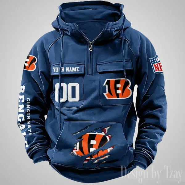Cincinnati Bengals Designer Hoodies For Men Casual Fashion Solid Multi-Pocket Zipper Long Slevee AZVMHD900