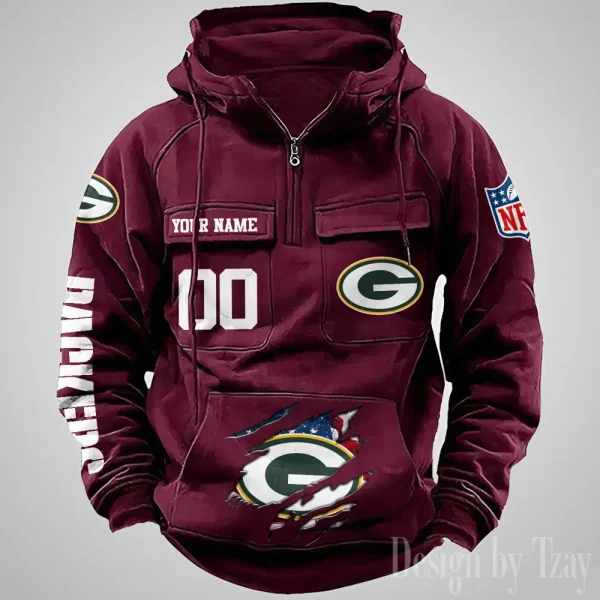 Green Bay Packers Designer Hoodies For Men Casual Fashion Solid Multi-Pocket Zipper Long Slevee AZVMHD905