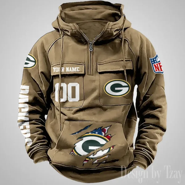 Green Bay Packers Designer Hoodies For Men Casual Fashion Solid Multi-Pocket Zipper Long Slevee AZVMHD905 - Image 3