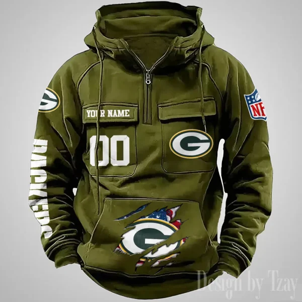 Green Bay Packers Designer Hoodies For Men Casual Fashion Solid Multi-Pocket Zipper Long Slevee AZVMHD905 - Image 4