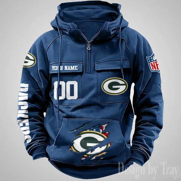 Green Bay Packers Designer Hoodies For Men Casual Fashion Solid Multi-Pocket Zipper Long Slevee AZVMHD905 - Image 5
