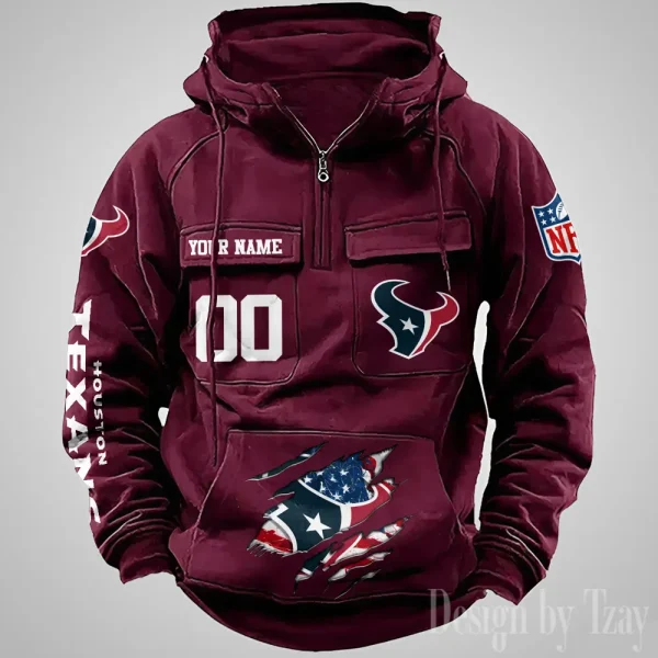 Houston Texans Designer Hoodies For Men Casual Fashion Solid Multi-Pocket Zipper Long Slevee AZVMHD906 - Image 3