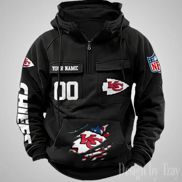 Kansas City Chiefs Designer Hoodies For Men Casual Fashion Solid Multi-Pocket Zipper Long Slevee AZVMHD909 - Image 3
