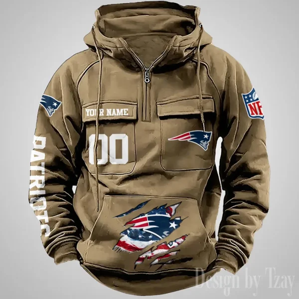 New England Patriots Designer Hoodies For Men Casual Fashion Solid Multi-Pocket Zipper Long Slevee AZVMHD915 - Image 2