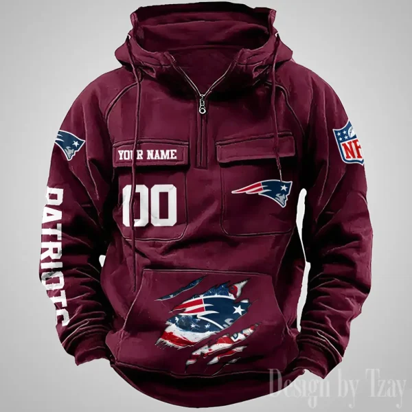 New England Patriots Designer Hoodies For Men Casual Fashion Solid Multi-Pocket Zipper Long Slevee AZVMHD915 - Image 5