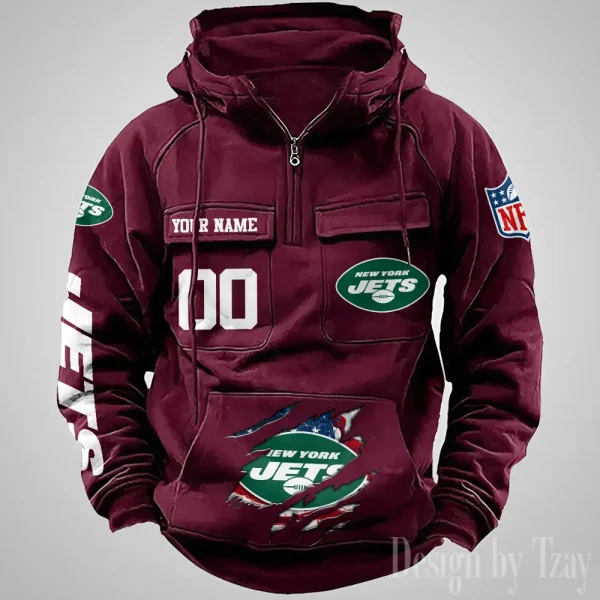 New York Jets Designer Hoodies For Men Casual Fashion Solid Multi-Pocket Zipper Long Slevee AZVMHD918 - Image 3