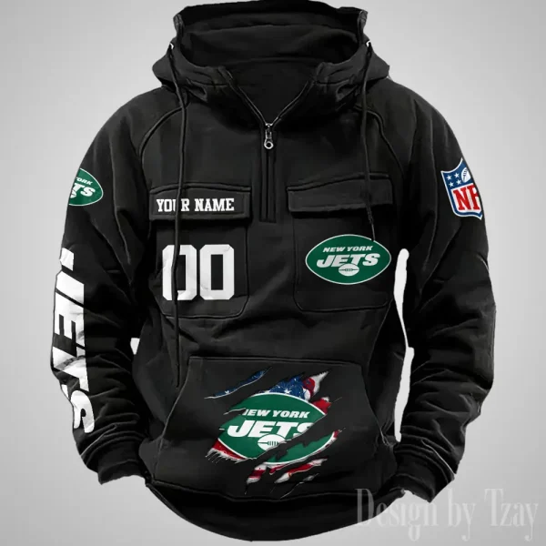 New York Jets Designer Hoodies For Men Casual Fashion Solid Multi-Pocket Zipper Long Slevee AZVMHD918 - Image 4