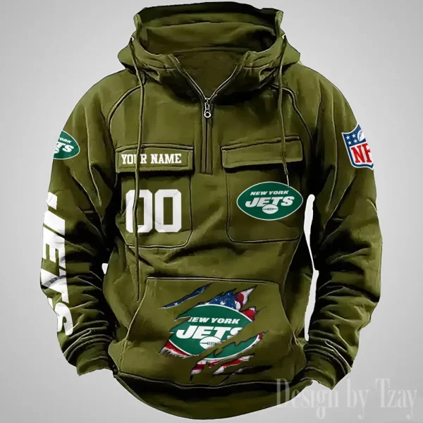 New York Jets Designer Hoodies For Men Casual Fashion Solid Multi-Pocket Zipper Long Slevee AZVMHD918 - Image 5