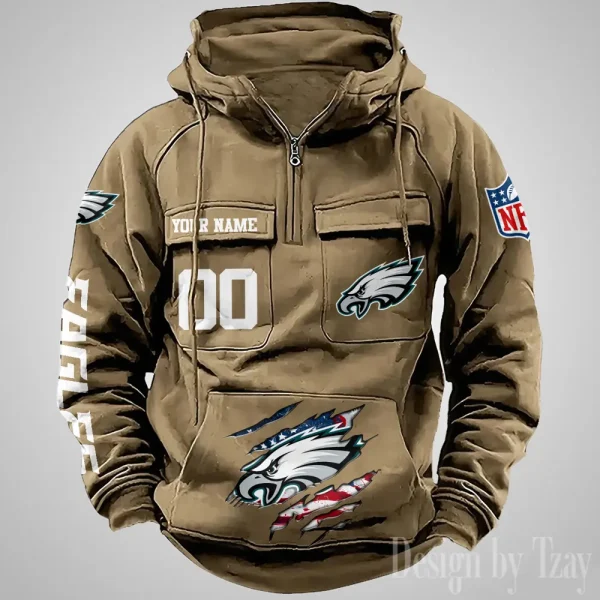Philadelphia Eagles Designer Hoodies For Men Casual Fashion Solid Multi-Pocket Zipper Long Slevee AZVMHD919 - Image 2