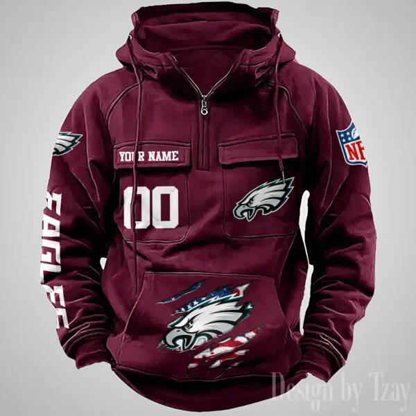 Philadelphia Eagles Designer Hoodies For Men Casual Fashion Solid Multi-Pocket Zipper Long Slevee AZVMHD919 - Image 4