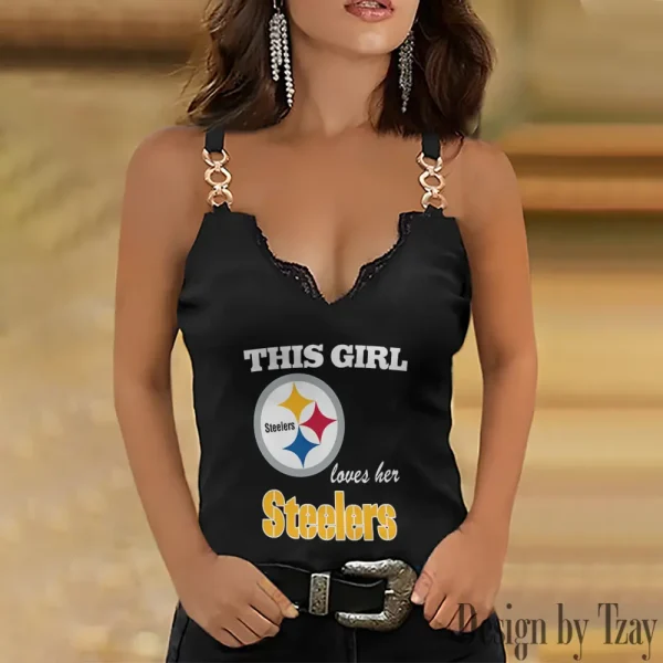 Pittsburgh Steelers Sexy Splicing Metal Chain Strap Tank Top For Women SPTWCSTT229