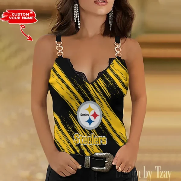 Pittsburgh Steelers Sexy Splicing Metal Chain Strap Tank Top For Women SPTWCSTT293
