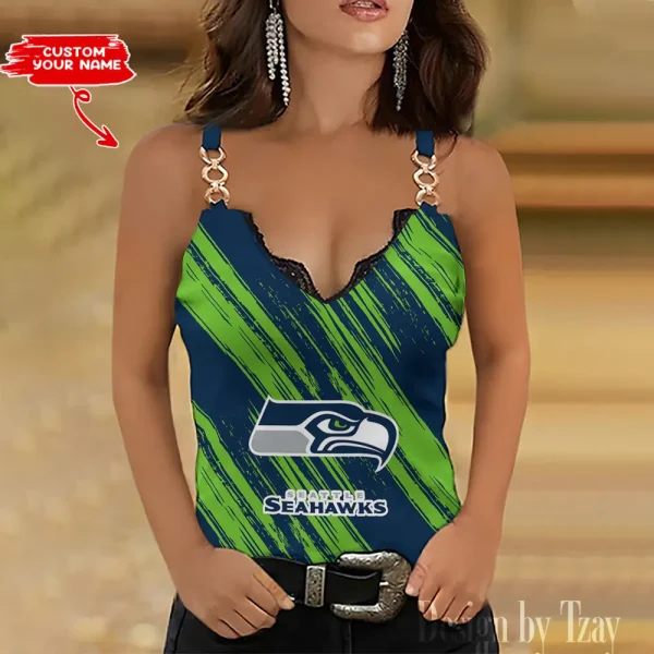 Seattle Seahawks Sexy Splicing Metal Chain Strap Tank Top For Women SPTWCSTT295