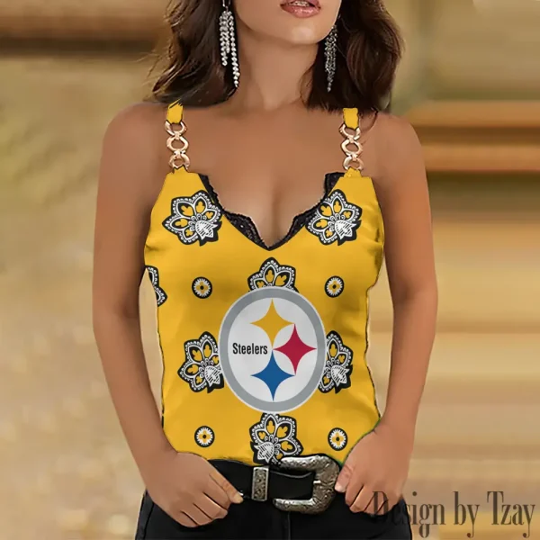 Pittsburgh Steelers Sexy Splicing Metal Chain Strap Tank Top For Women SPTWCSTT325