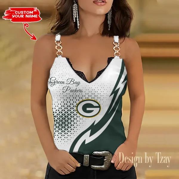Green Bay Packers Sexy Splicing Metal Chain Strap Tank Top For Women SPTWCSTT342
