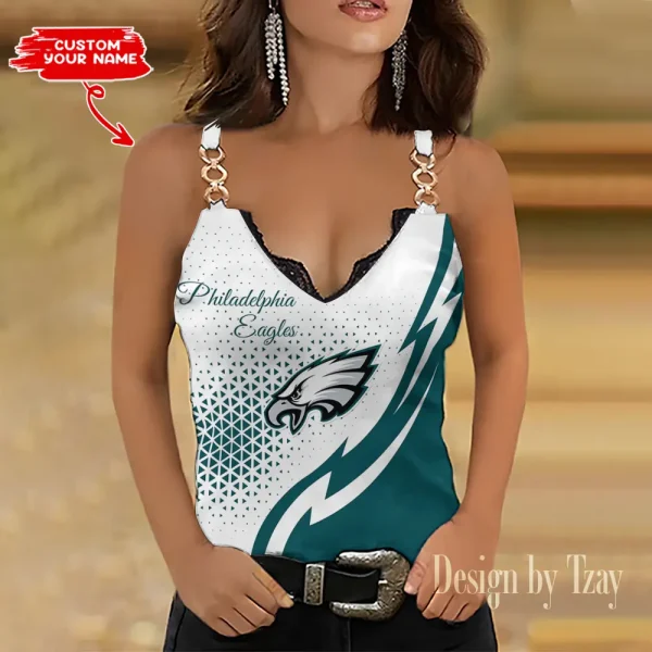 Philadelphia Eagles Sexy Splicing Metal Chain Strap Tank Top For Women SPTWCSTT356
