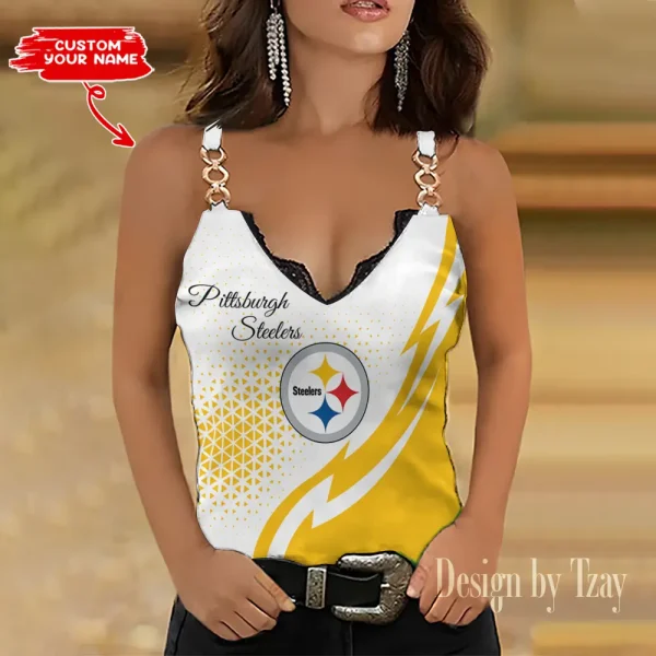 Pittsburgh Steelers Sexy Splicing Metal Chain Strap Tank Top For Women SPTWCSTT357
