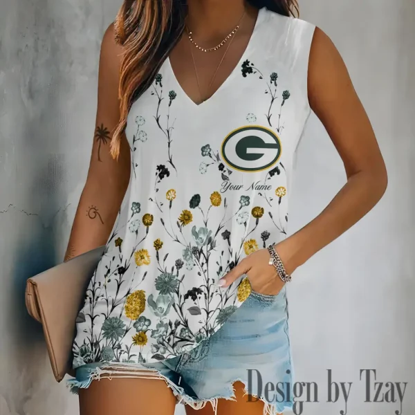 Green Bay Packers Women V-Neck Sleeveless Camisoles Off Shoulder Vest SPTVNECKWVTS592