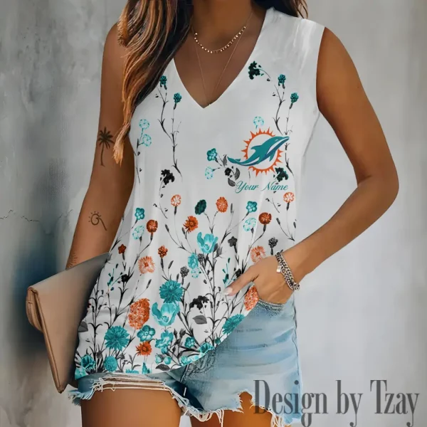 Miami Dolphins Women V-Neck Sleeveless Camisoles Off Shoulder Vest SPTVNECKWVTS600