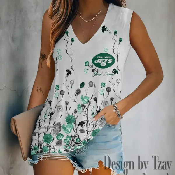 New York Jets Women V-Neck Sleeveless Camisoles Off Shoulder Vest SPTVNECKWVTS605