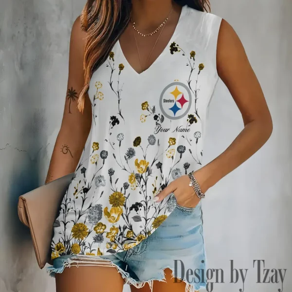 Pittsburgh Steelers Women V-Neck Sleeveless Camisoles Off Shoulder Vest SPTVNECKWVTS607