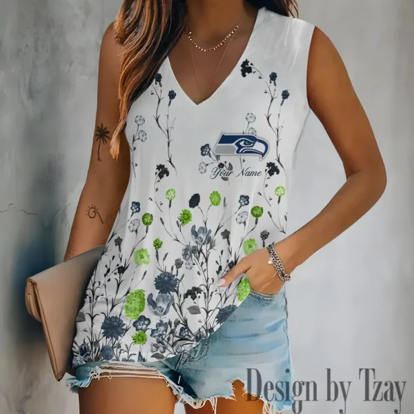 Seattle Seahawks Women V-Neck Sleeveless Camisoles Off Shoulder Vest SPTVNECKWVTS609