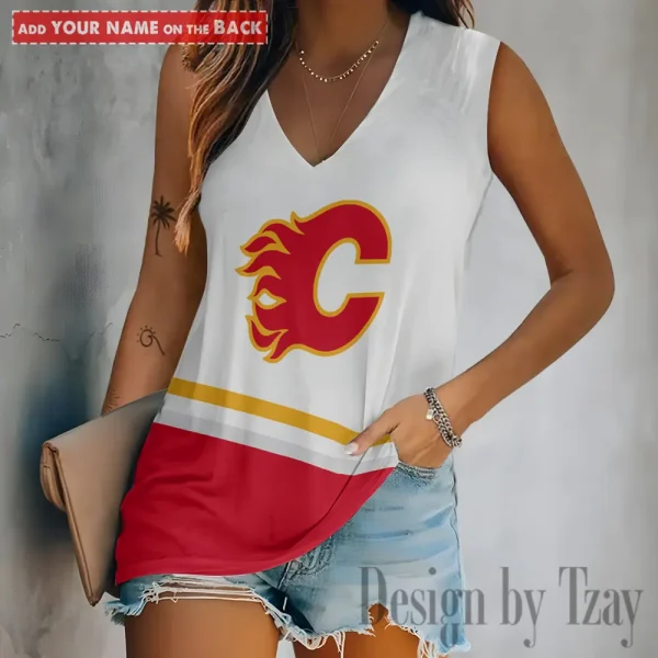 Calgary Flames Women V-Neck Sleeveless Camisoles Off Shoulder Vest SPTVNECKWVTS615