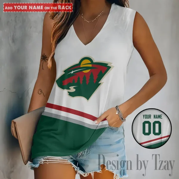 Minnesota Wild Women V-Neck Sleeveless Camisoles Off Shoulder Vest SPTVNECKWVTS623