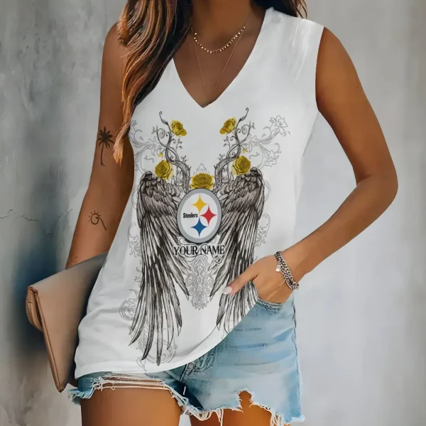 Pittsburgh Steelers Women V-Neck Sleeveless Camisoles Off Shoulder Vest SPTVNECKWVTS671