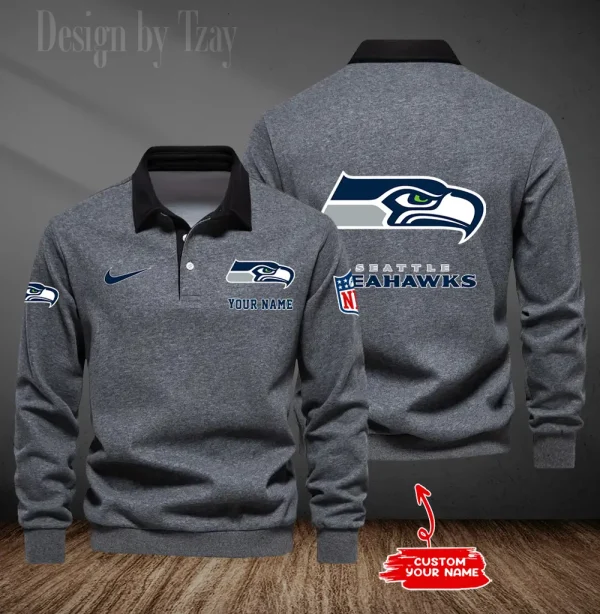 Seattle Seahawks Long Sleeve Men's Golf Polo Shirt SPTLSMGPS029 - Image 3