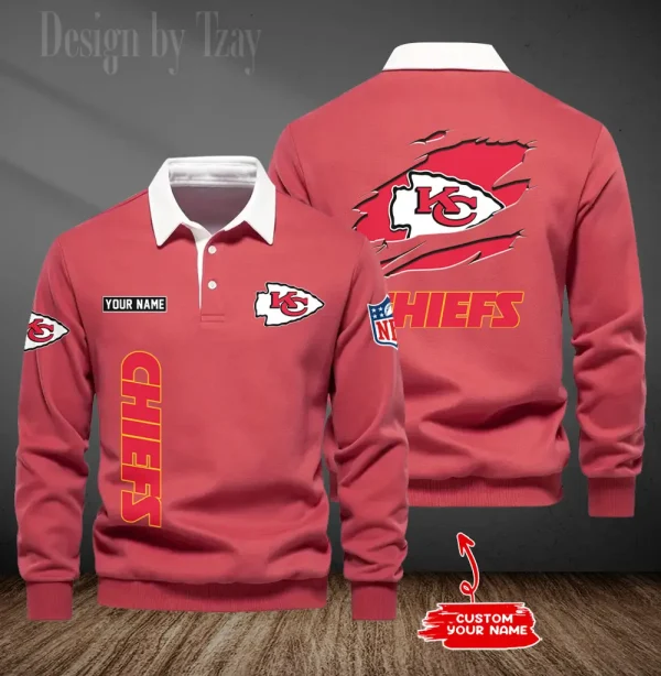 Kansas City Chiefs Long Sleeve Men's Golf Polo Shirt SPTLSMGPS048 - Image 2