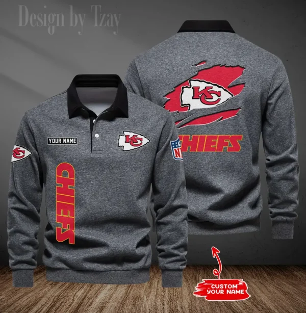 Kansas City Chiefs Long Sleeve Men's Golf Polo Shirt SPTLSMGPS048 - Image 3