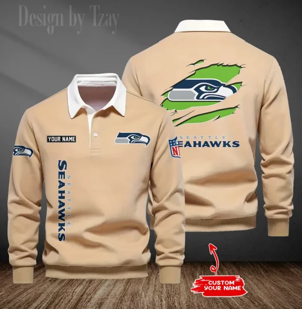 Seattle Seahawks Long Sleeve Men's Golf Polo Shirt SPTLSMGPS061 - Image 2