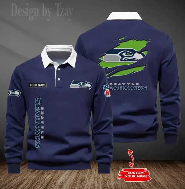 Seattle Seahawks Long Sleeve Men's Golf Polo Shirt SPTLSMGPS061 - Image 3
