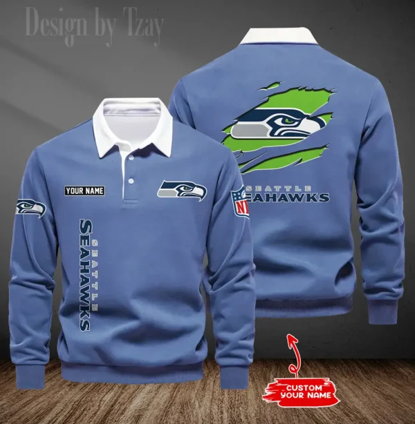 Seattle Seahawks Long Sleeve Men's Golf Polo Shirt SPTLSMGPS061 - Image 4