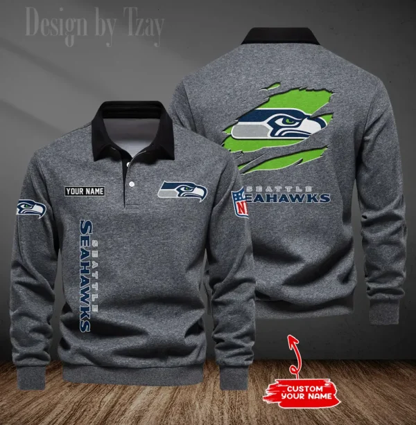 Seattle Seahawks Long Sleeve Men's Golf Polo Shirt SPTLSMGPS061 - Image 5