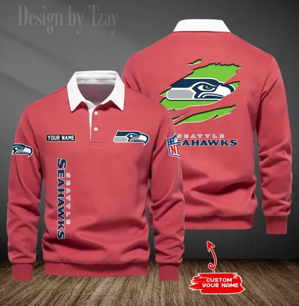 Seattle Seahawks Long Sleeve Men's Golf Polo Shirt SPTLSMGPS061 - Image 6