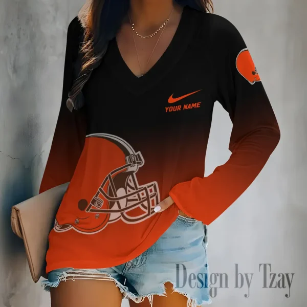 Cleveland Browns Women's Long sleeves T-shirt V-neck Trending 2025 BGVPS498