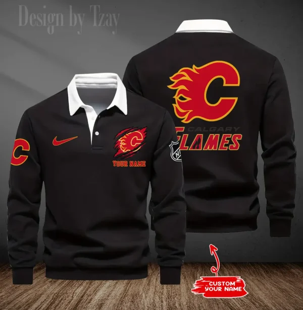 Calgary Flames Long Sleeve Men's Golf Polo Shirt SPTLSMGPS067
