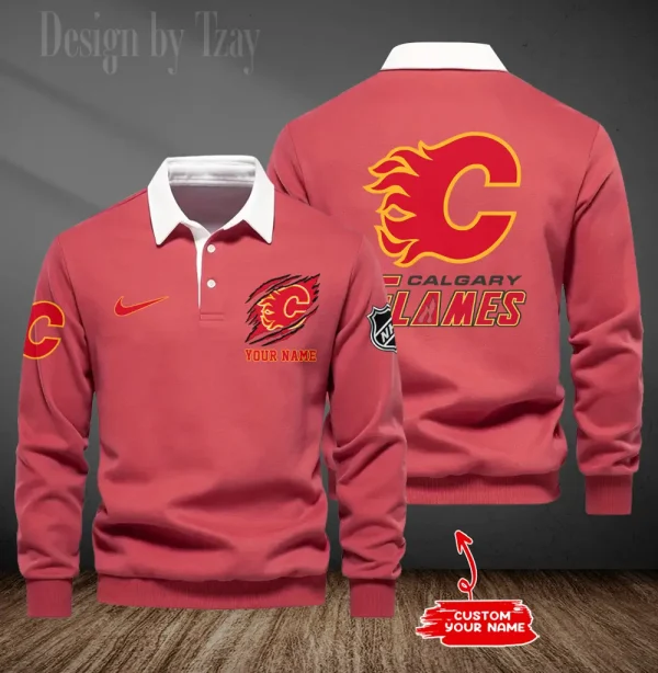 Calgary Flames Long Sleeve Men's Golf Polo Shirt SPTLSMGPS067 - Image 2