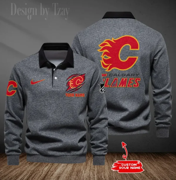 Calgary Flames Long Sleeve Men's Golf Polo Shirt SPTLSMGPS067 - Image 3