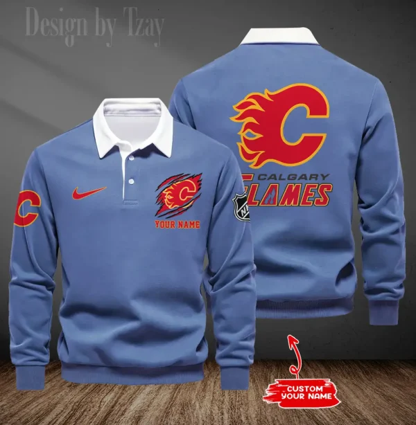 Calgary Flames Long Sleeve Men's Golf Polo Shirt SPTLSMGPS067 - Image 4