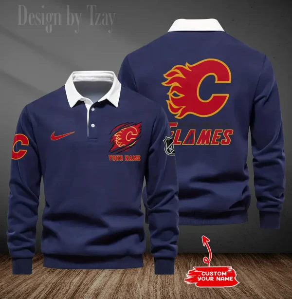 Calgary Flames Long Sleeve Men's Golf Polo Shirt SPTLSMGPS067 - Image 5