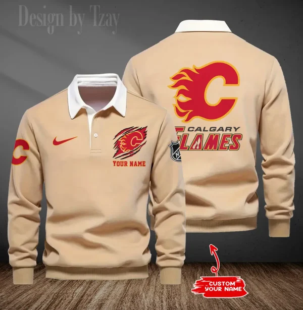 Calgary Flames Long Sleeve Men's Golf Polo Shirt SPTLSMGPS067 - Image 6