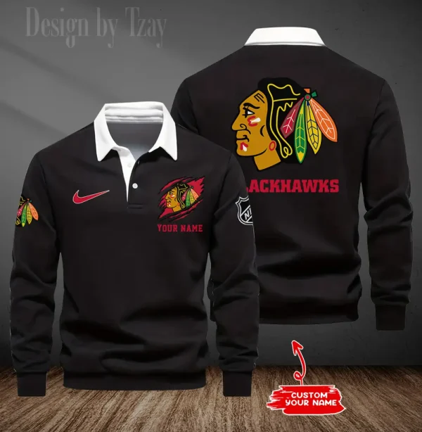 Chicago Blackhawks Long Sleeve Men's Golf Polo Shirt SPTLSMGPS069
