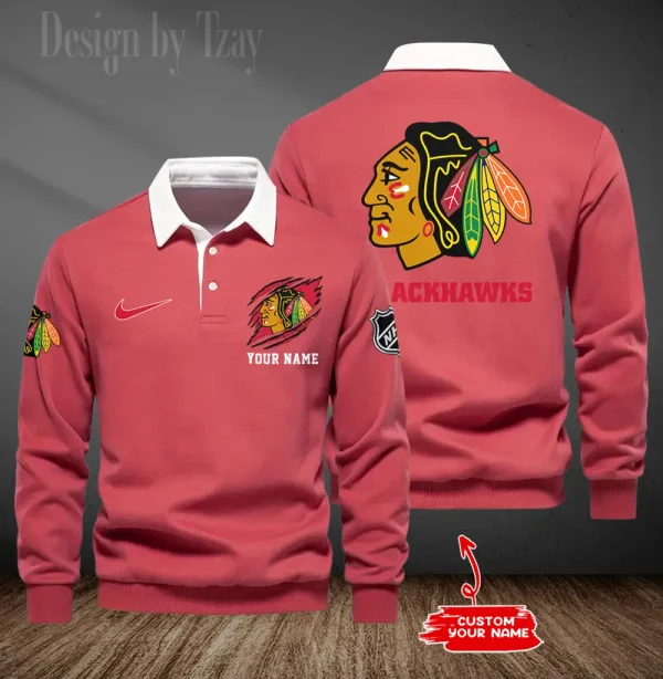 Chicago Blackhawks Long Sleeve Men's Golf Polo Shirt SPTLSMGPS069 - Image 2