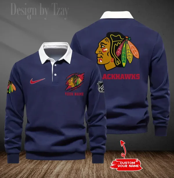 Chicago Blackhawks Long Sleeve Men's Golf Polo Shirt SPTLSMGPS069 - Image 4