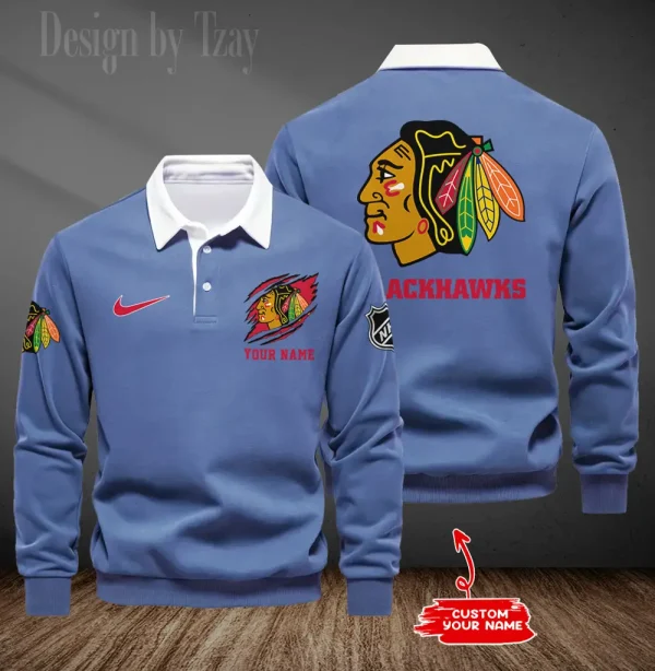 Chicago Blackhawks Long Sleeve Men's Golf Polo Shirt SPTLSMGPS069 - Image 5